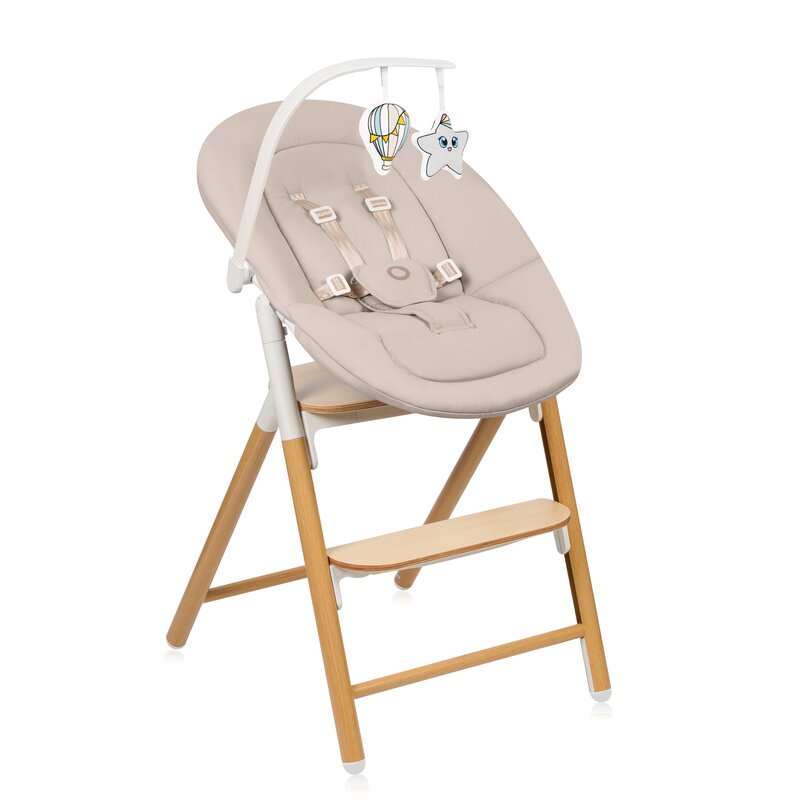 Scaunel multifunctional, Lionelo, Celia, 4 in 1, Functie de balansoar, Din lemn de fag, 6 luni- adult, Reglabil pe inaltime, Spatar lat, Sezut ergonomic, Tavita silicon, Suport de picioare reglabil, Greutate maxima 110 Kg, Alb/Natural