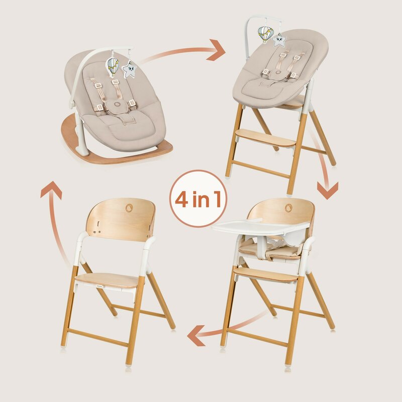 Scaunel multifunctional, Lionelo, Celia, 4 in 1, Functie de balansoar, Din lemn de fag, 6 luni- adult, Reglabil pe inaltime, Spatar lat, Sezut ergonomic, Tavita silicon, Suport de picioare reglabil, Greutate maxima 110 Kg, Alb/Natural