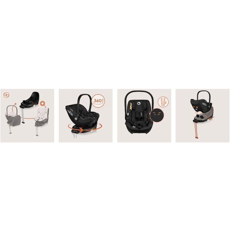 Scoica auto, Lionelo, Moxie, i-Size, Include baza rotativa 360 cu picior de fixare, 40-87 cm, Tetiera reglabila, intarita cu spuma de memorie, Carcasa ventilata, Din bambus, Protectie avansata, Conform R129, Negru