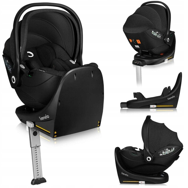Scoica auto, Lionelo, Moxie, i-Size, Include baza rotativa 360 cu picior de fixare, 40-87 cm, Tetiera reglabila, intarita cu spuma de memorie, Carcasa ventilata, Din bambus, Protectie avansata, Conform R129, Negru