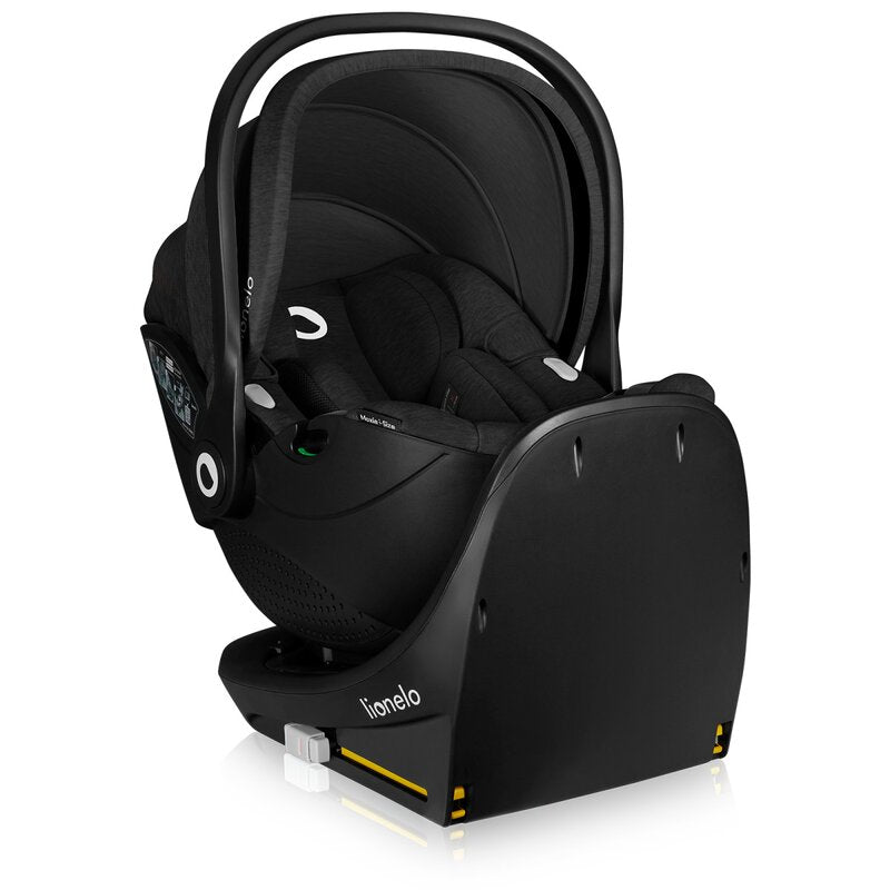 Scoica auto, Lionelo, Moxie, i-Size, Include baza rotativa 360 cu picior de fixare, 40-87 cm, Tetiera reglabila, intarita cu spuma de memorie, Carcasa ventilata, Din bambus, Protectie avansata, Conform R129, Negru