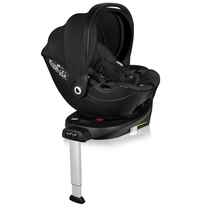 Scoica auto, Lionelo, Moxie, i-Size, Include baza rotativa 360 cu picior de fixare, 40-87 cm, Tetiera reglabila, intarita cu spuma de memorie, Carcasa ventilata, Din bambus, Protectie avansata, Conform R129, Negru