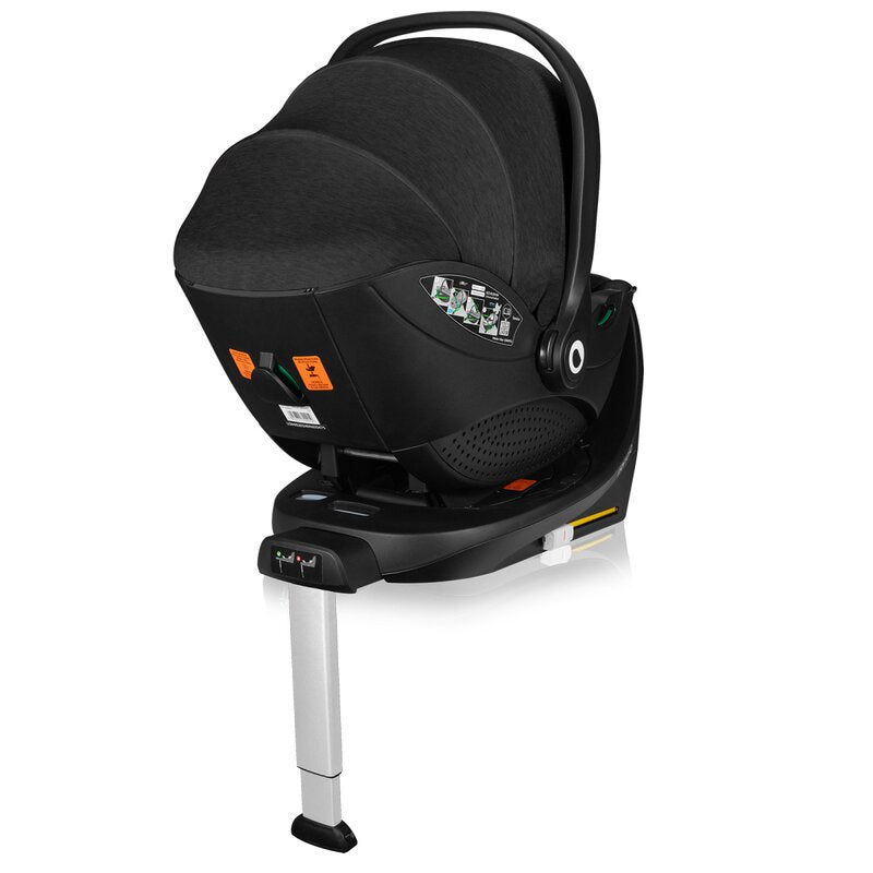 Scoica auto, Lionelo, Moxie, i-Size, Include baza rotativa 360 cu picior de fixare, 40-87 cm, Tetiera reglabila, intarita cu spuma de memorie, Carcasa ventilata, Din bambus, Protectie avansata, Conform R129, Negru