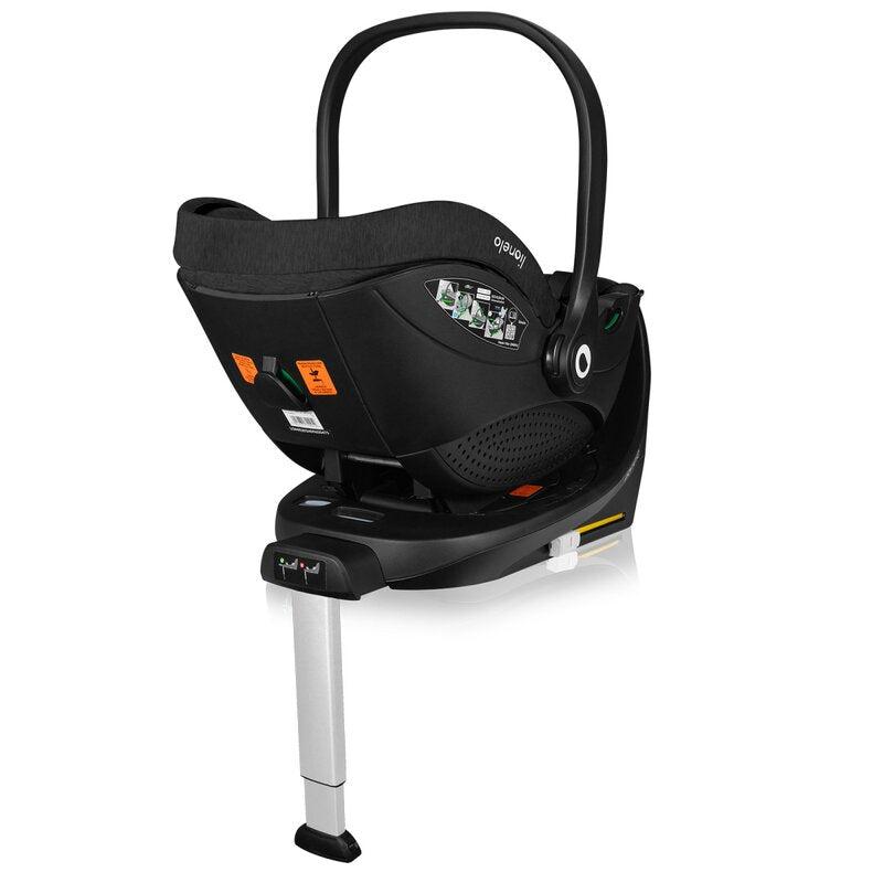 Scoica auto, Lionelo, Moxie, i-Size, Include baza rotativa 360 cu picior de fixare, 40-87 cm, Tetiera reglabila, intarita cu spuma de memorie, Carcasa ventilata, Din bambus, Protectie avansata, Conform R129, Negru