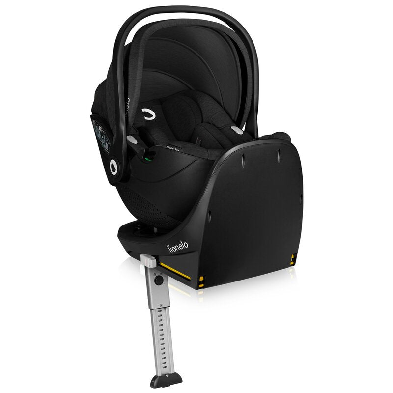 Scoica auto, Lionelo, Moxie, i-Size, Include baza rotativa 360 cu picior de fixare, 40-87 cm, Tetiera reglabila, intarita cu spuma de memorie, Carcasa ventilata, Din bambus, Protectie avansata, Conform R129, Negru