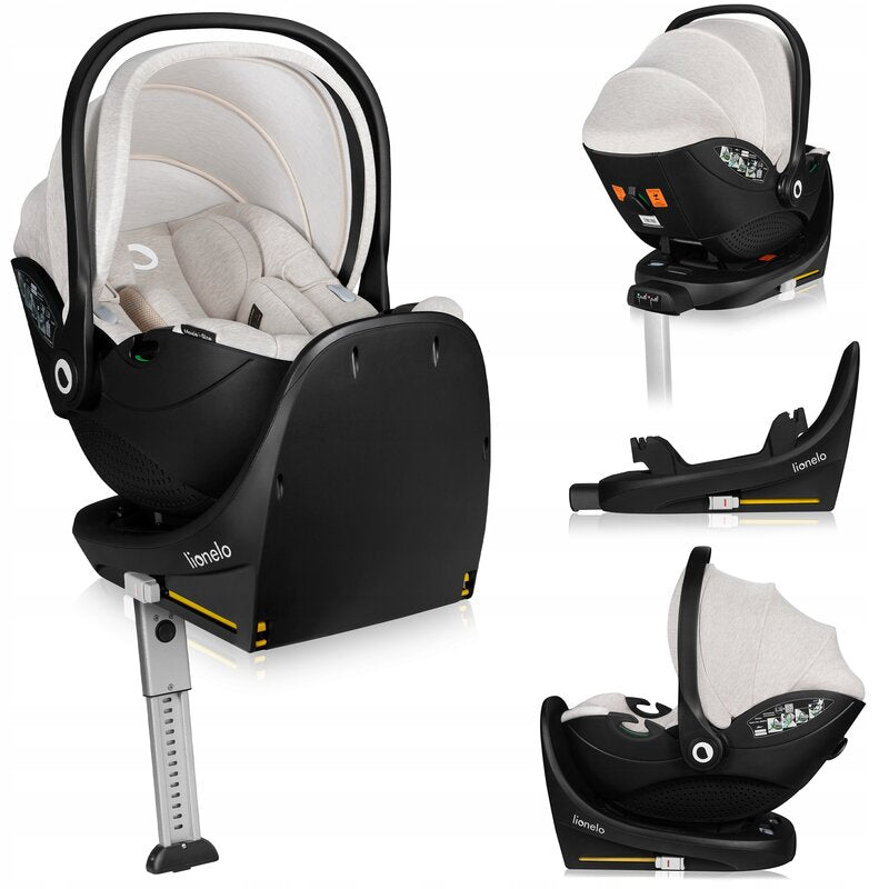 Scoica auto, Lionelo, Moxie, i-Size, Include baza rotativa 360 cu picior de fixare, 40-87 cm, Tetiera reglabila, intarita cu spuma de memorie, Carcasa ventilata, Din bambus, Protectie avansata, Conform R129, Bej