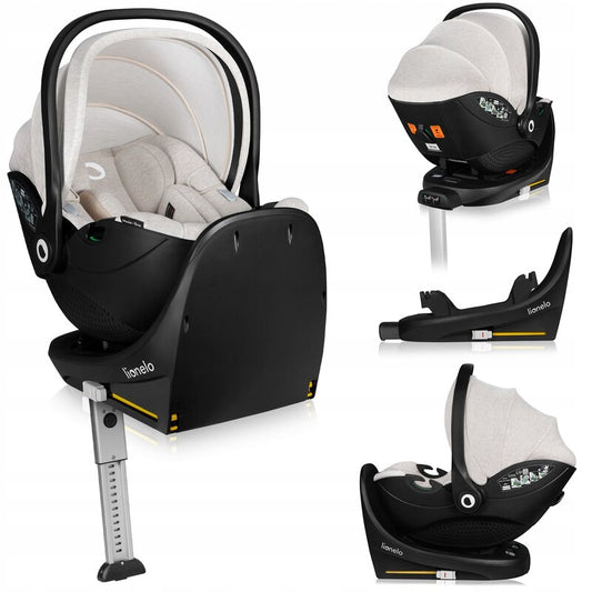Scoica auto, Lionelo, Moxie, i-Size, Include baza rotativa 360 cu picior de fixare, 40-87 cm, Tetiera reglabila, intarita cu spuma de memorie, Carcasa ventilata, Din bambus, Protectie avansata, Conform R129, Bej