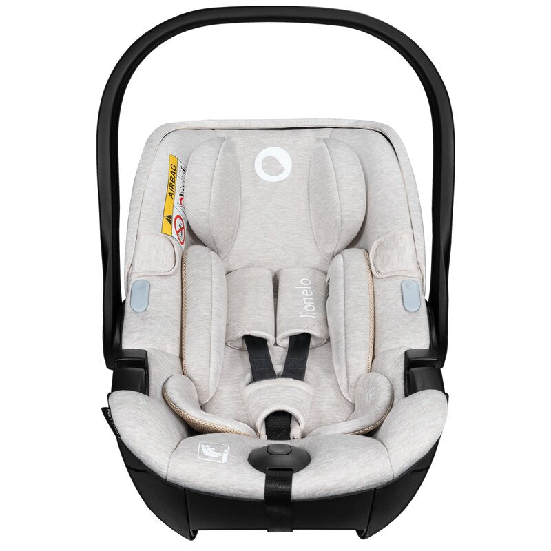 Scoica auto, Lionelo, Moxie, i-Size, Include baza rotativa 360 cu picior de fixare, 40-87 cm, Tetiera reglabila, intarita cu spuma de memorie, Carcasa ventilata, Din bambus, Protectie avansata, Conform R129, Bej