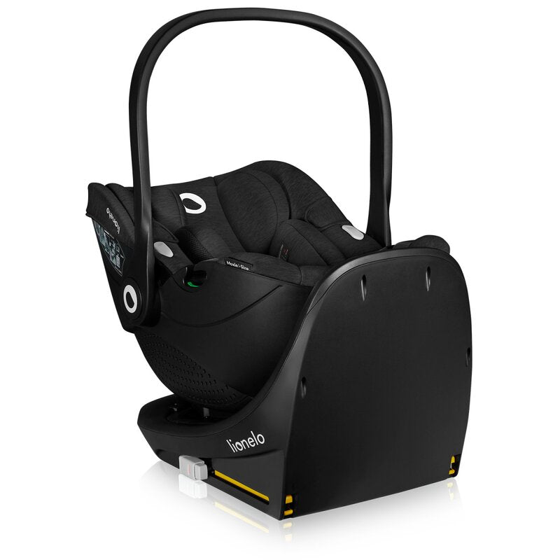 Scoica auto, Lionelo, Moxie, i-Size, Include baza rotativa 360 cu picior de fixare, 40-87 cm, Tetiera reglabila, intarita cu spuma de memorie, Carcasa ventilata, Din bambus, Protectie avansata, Conform R129, Negru