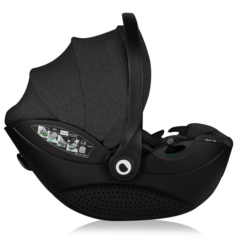 Scoica auto, Lionelo, Moxie, i-Size, Include baza rotativa 360 cu picior de fixare, 40-87 cm, Tetiera reglabila, intarita cu spuma de memorie, Carcasa ventilata, Din bambus, Protectie avansata, Conform R129, Negru