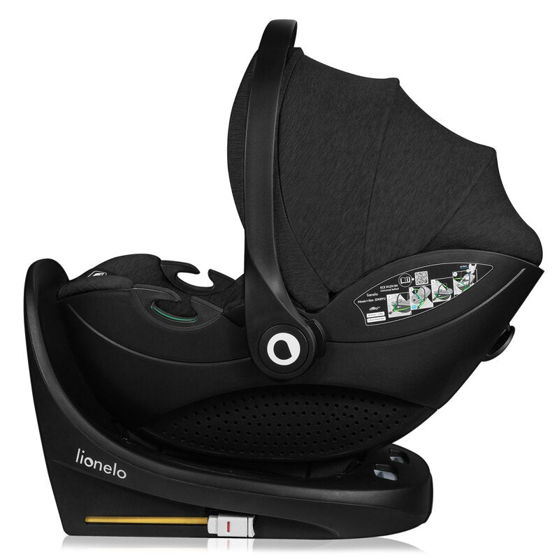 Scoica auto, Lionelo, Moxie, i-Size, Include baza rotativa 360 cu picior de fixare, 40-87 cm, Tetiera reglabila, intarita cu spuma de memorie, Carcasa ventilata, Din bambus, Protectie avansata, Conform R129, Negru