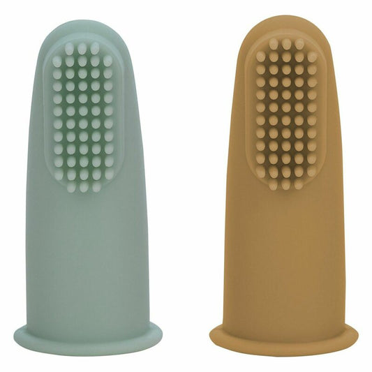 Set 2 periute de dinti pentru deget, FreeON, Cu peri moi, Silicon, Curata bland, 0 luni+, Green/Ochre