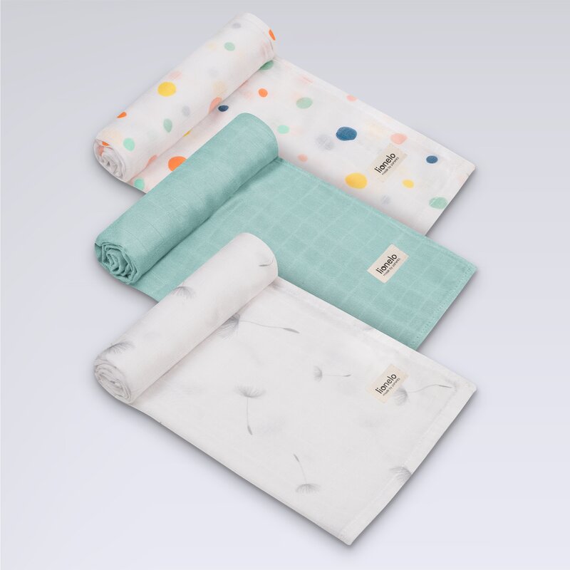 Set 3 museline, Lionelo, Dot, Multifunctionale, Din bambus, Ideale pentru infasat, Cu proprietati antibacteriene, antifungice si antialergice, Lavabile la masina de spalat, 70x70 cm, Multicolor
