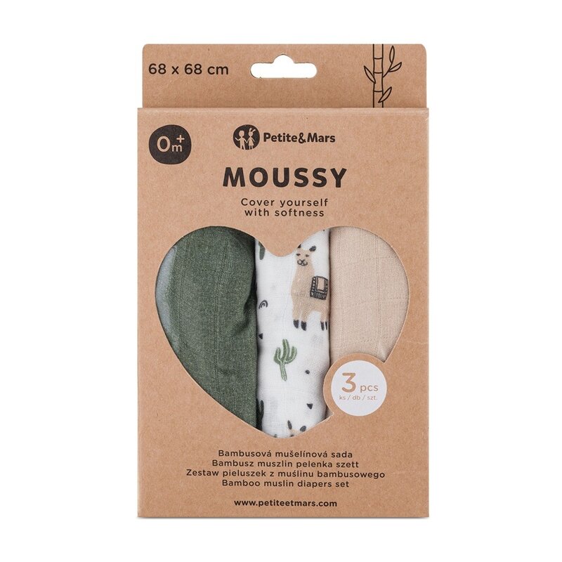 Set 3 scutece, Petite&Mars, Moussy, Din muselina de bambus, Hipoalergenice, 68 x 68 cm, Certificate Oeko Tex Standard 100, Lama Vibes
