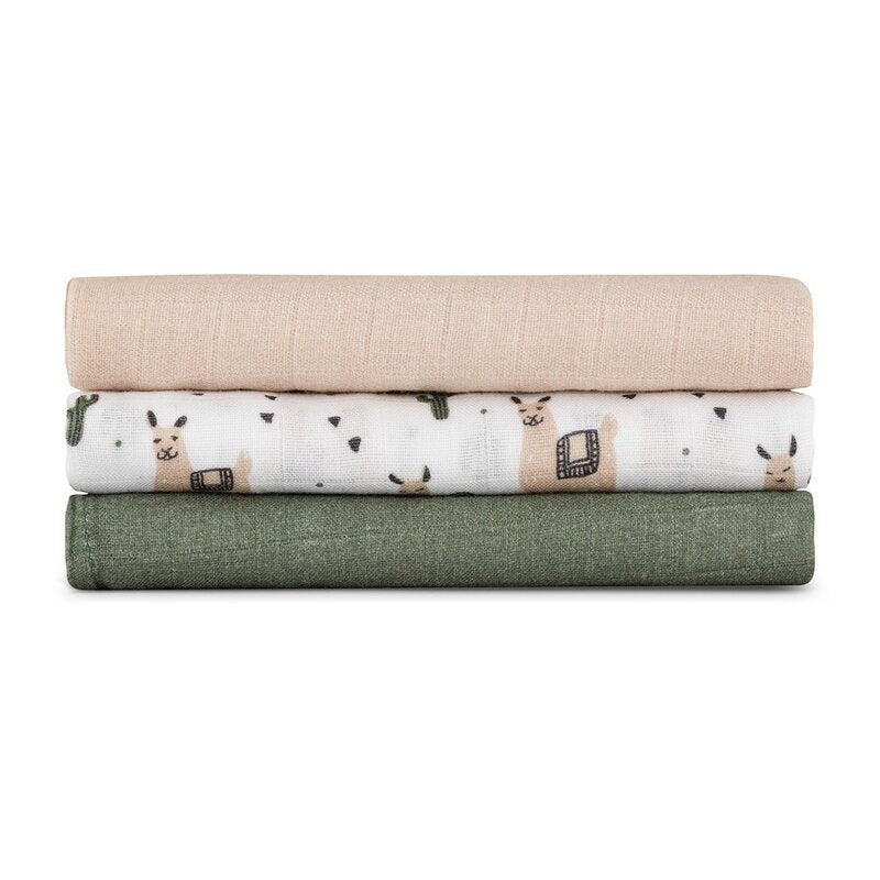 Set 3 scutece, Petite&Mars, Moussy, Din muselina de bambus, Hipoalergenice, 68 x 68 cm, Certificate Oeko Tex Standard 100, Lama Vibes