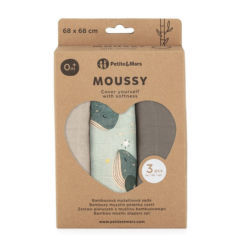 Set 3 scutece, Petite&Mars, Moussy, Din muselina de bambus, Hipoalergenice, 68 x 68 cm, Certificate Oeko Tex Standard 100, Whale Song