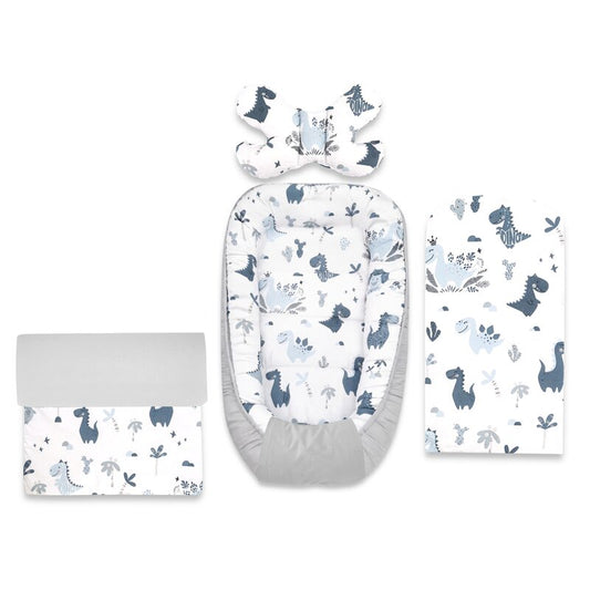 Set 4 in 1 Cosulet bebelus, MimiNu, Baby Cocoon 75x55 cm, Husa bumbac, Din bumbac certificat Oeko Tex Standard 100, Cu paturica 50x70 cm, Cu salteluta, Cu perna fluture, Dino Granat