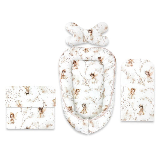 Set 4 in 1 Cosulet bebelus, MimiNu, Baby Cocoon 75x55 cm, Husa bumbac, Din bumbac certificat Oeko Tex Standard 100, Cu paturica 50x70 cm, Cu salteluta, Cu perna fluture, Fairy