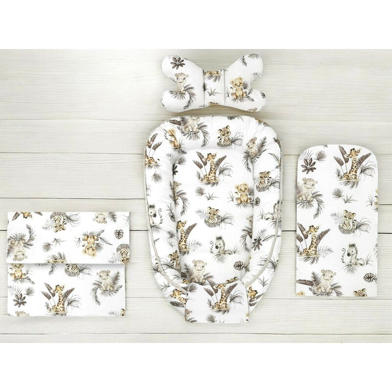 Set 4 in 1 Cosulet bebelus, MimiNu, Baby Cocoon 75x55 cm, Husa bumbac, Din bumbac certificat Oeko Tex Standard 100, Cu paturica 50x70 cm, Cu salteluta, Cu perna fluture, Savanna
