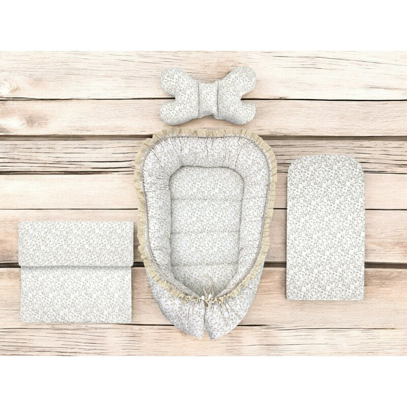 Set 4 in 1 Cosulet bebelus, MimiNu, Premium, Baby Cocoon 75x55 cm, Cu volanase si dantela, Din bumbac certificat Oeko Tex Standard 100, Cu paturica, Salteluta si perna fluture, Meadow