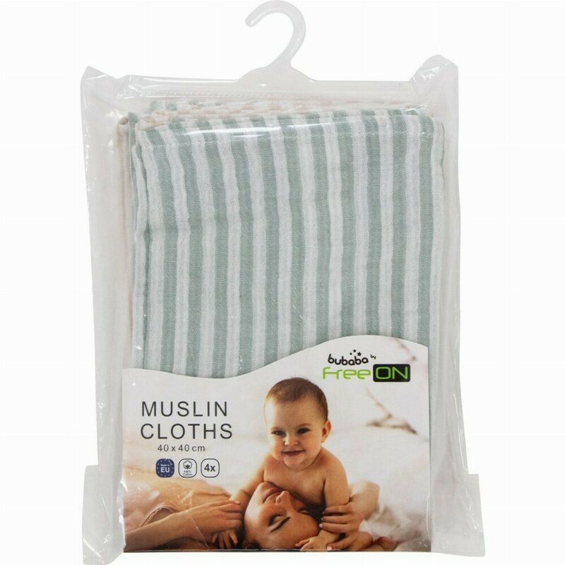 Set 4 lavete, Bubaba, Din muselina, Dimensiune 40x40 cm, Pentru spalarea si ingrijirea fetei si a corpului bebelusului dupa masa sau baita, Green Stripes