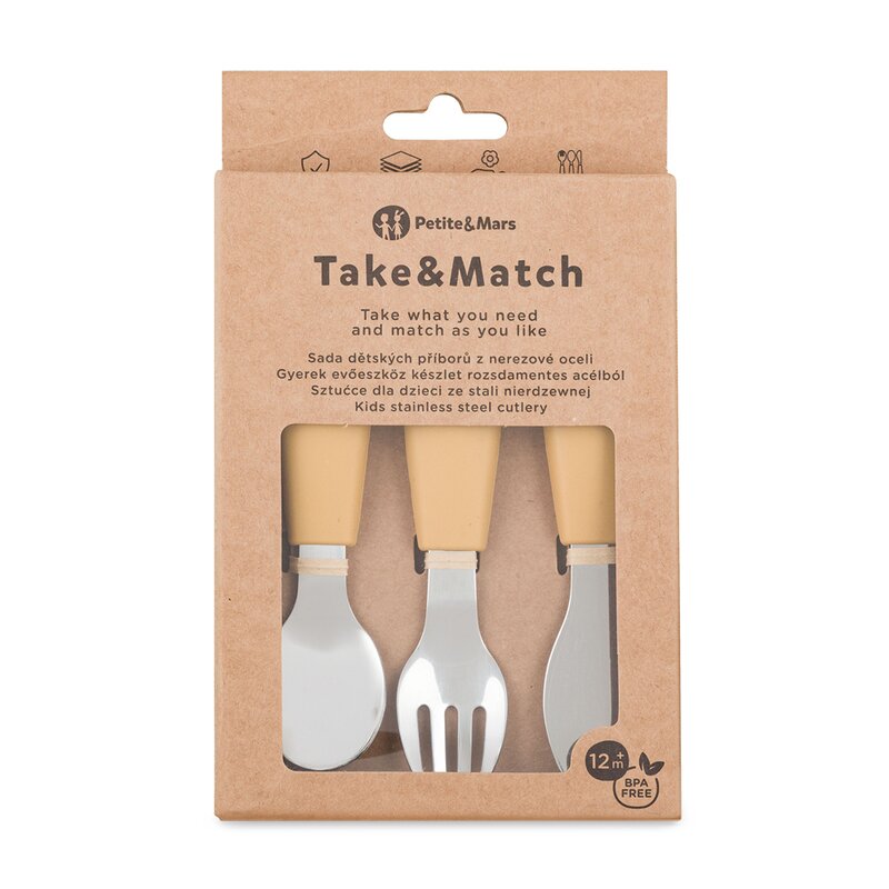 Set complet tacamuri, Petite&Mars, Take&Match, Din silicon si otel inoxidabil, Fara BPA, 12 luni+, Ocru