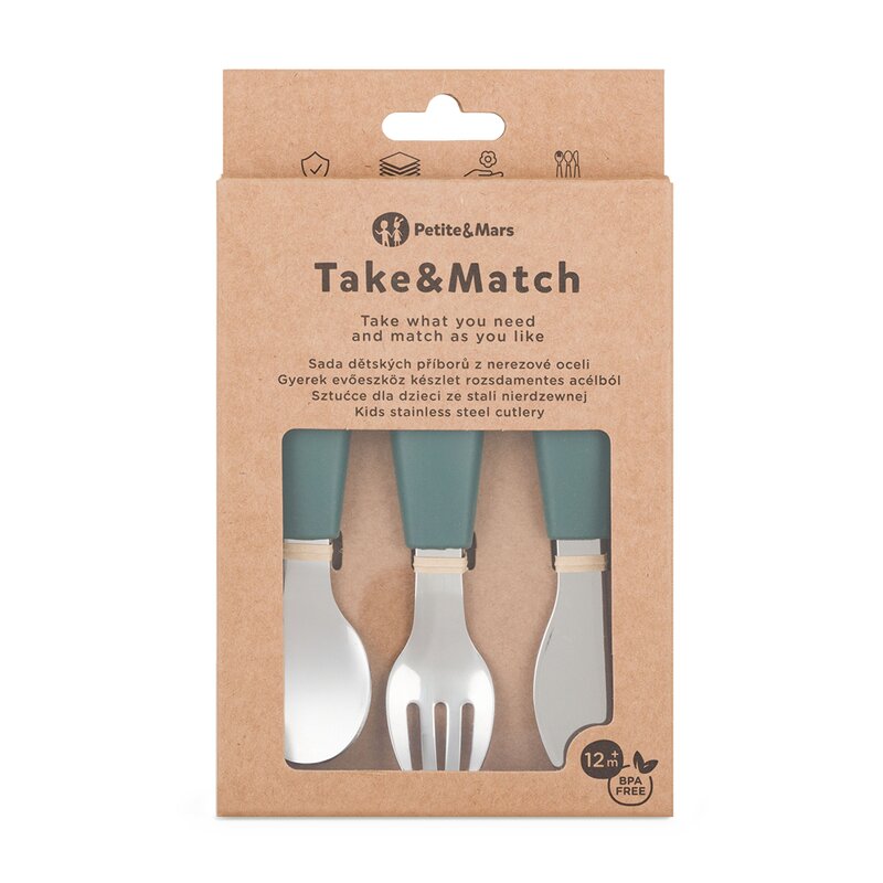 Set complet tacamuri, Petite&Mars, Take&Match, Din silicon si otel inoxidabil, Fara BPA, 12 luni+, Verde