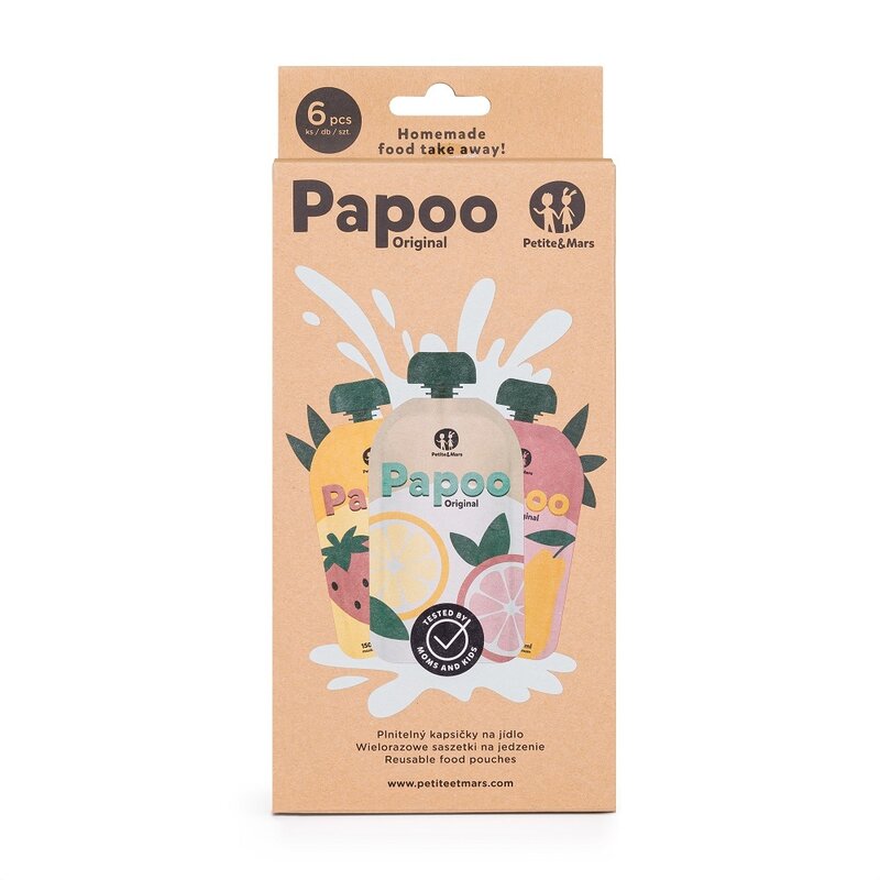Set de pungi, Petite&Mars, Papoo, Pentru mancare, Reutilizabile, Perfect pentru calatorii, Fara BPA, 150 ml, Multicolor