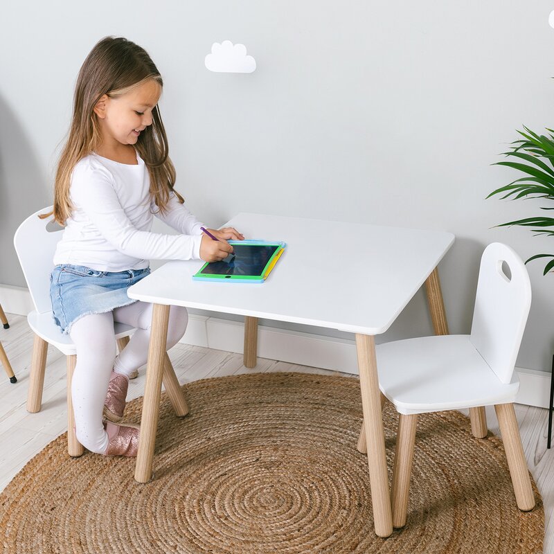Set masuta si doua scaune, FreeON, Athena, Pentru copii, Din lemn, Conform cu standardele europene de securitate EN71-1;2018, EN71-2:2020, EN71-3:2021, Alb