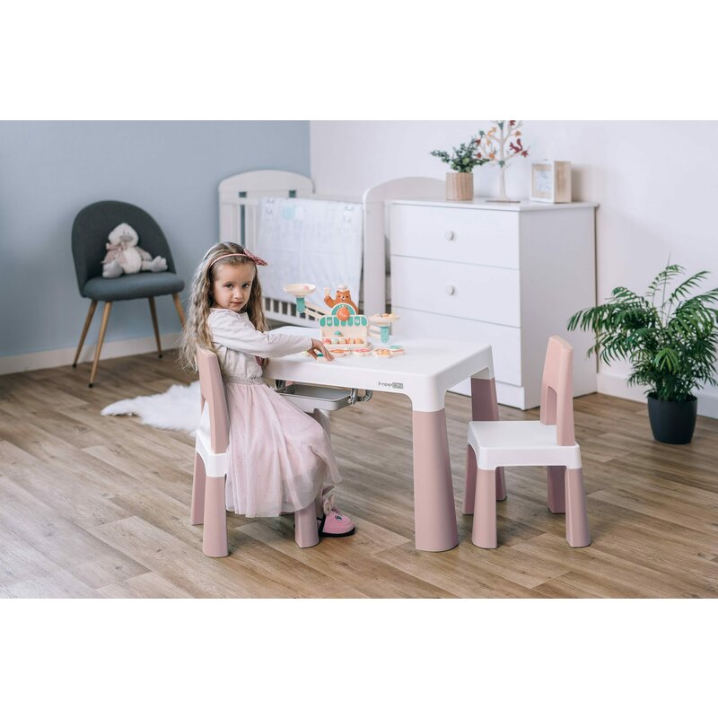 Set masuta si doua scaune, FreeON, Neo, Pentru copii, Cu doua sertare, Cu masa reglabila la doua inaltimi, Conform cu standardele europene de securitate EN71-1;2018, EN71-2:2020, EN71-3:2021, Roz