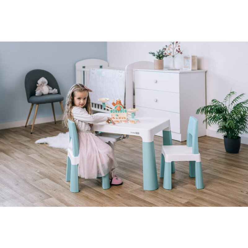 Set masuta si doua scaune, FreeON, Neo, Pentru copii, Cu doua sertare, Cu masa reglabila la doua inaltimi, Conform cu standardele europene de securitate EN71-1;2018, EN71-2:2020, EN71-3:2021, Verde