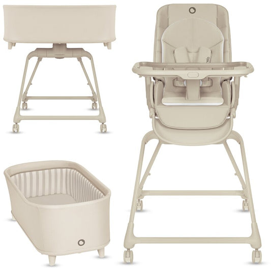 Set multifunctional cu patut, sezlong si scaun de masa, Lionelo, Maddie, Functie 360, Pliere rapida, Roti incluse, Reglaj pentru sezut si suportul de picioare, Husa detasabila, lavabila, 0-36 luni, Pana la 15 kg, Bej