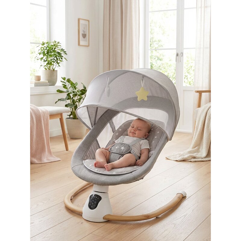 Sezlong balansoar, New Baby, Smart, Pana la 9 kg, Include cronometru si detector de miscare, Cu 5 viteze de leganare, Cu sunete si melodii, Cu 2 jucarii, 0 lun+, Grey