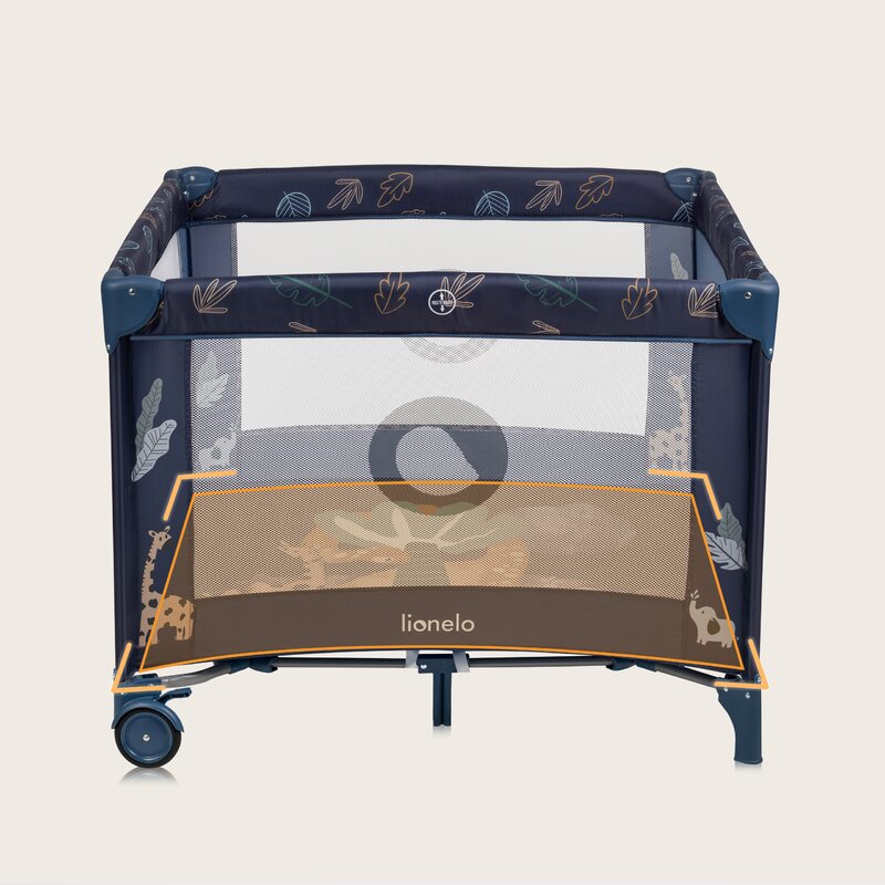 Tarc de joaca copii, Lionelo, Bonnie, Pana la 15 kg, 100 x 100 cm, Pliere compacta, Include geanta de transport, Din plasa, Cu intrare laterala cu fermoar, Cu roti, Cu salteluta din spuma, Conform cu EN12227, Albastru