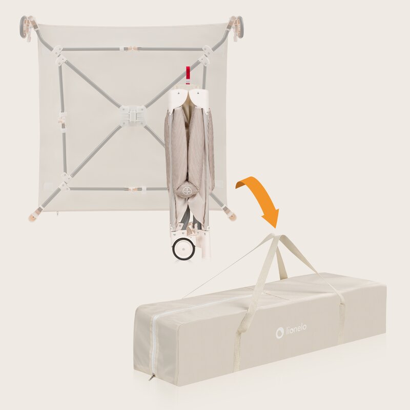Tarc de joaca copii, Lionelo, Bonnie, Pana la 15 kg, 100 x 100 cm, Pliere compacta, Include geanta de transport, Din plasa, Cu intrare laterala cu fermoar, Cu roti, Cu salteluta din spuma, Conform cu EN12227, Bej