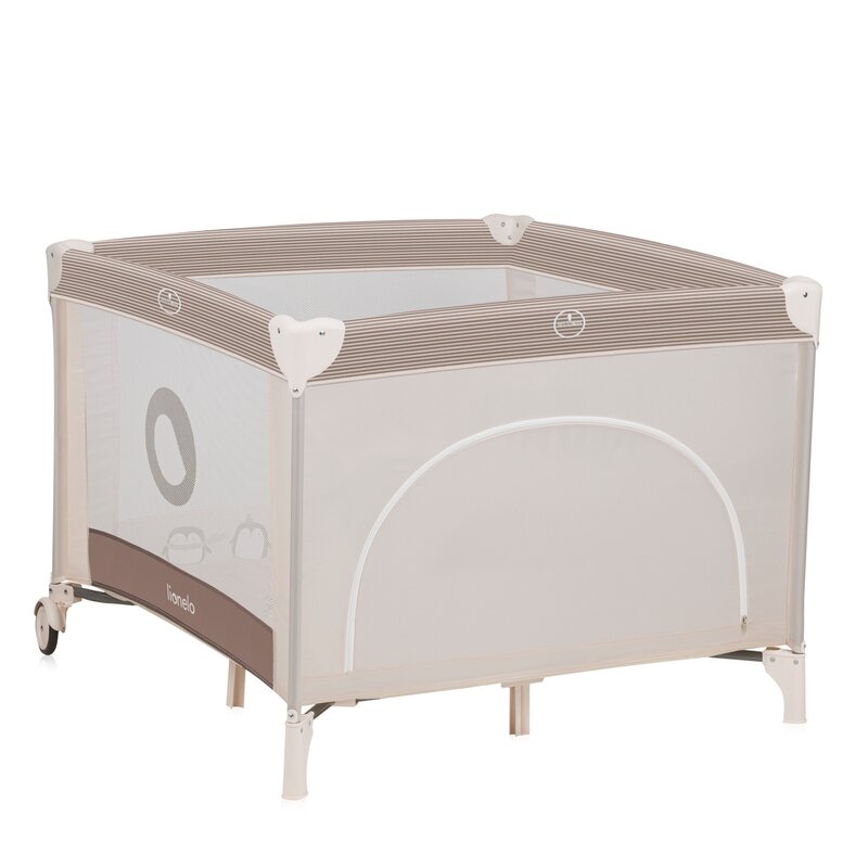 Tarc de joaca copii, Lionelo, Bonnie, Pana la 15 kg, 100 x 100 cm, Pliere compacta, Include geanta de transport, Din plasa, Cu intrare laterala cu fermoar, Cu roti, Cu salteluta din spuma, Conform cu EN12227, Bej