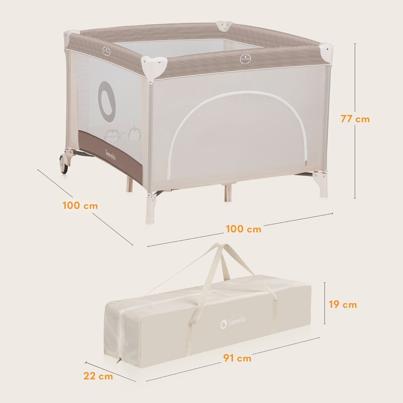 Tarc de joaca copii, Lionelo, Bonnie, Pana la 15 kg, 100 x 100 cm, Pliere compacta, Include geanta de transport, Din plasa, Cu intrare laterala cu fermoar, Cu roti, Cu salteluta din spuma, Conform cu EN12227, Bej