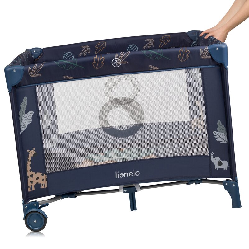 Tarc de joaca copii, Lionelo, Bonnie, Pana la 15 kg, 100 x 100 cm, Pliere compacta, Include geanta de transport, Din plasa, Cu intrare laterala cu fermoar, Cu roti, Cu salteluta din spuma, Conform cu EN12227, Albastru