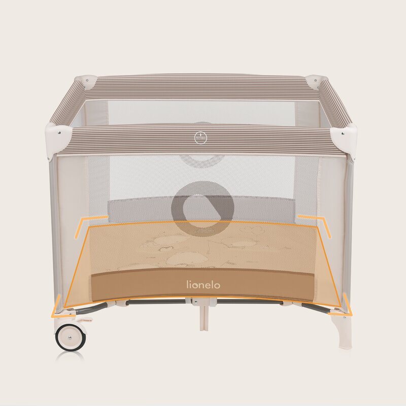 Tarc de joaca copii, Lionelo, Bonnie, Pana la 15 kg, 100 x 100 cm, Pliere compacta, Include geanta de transport, Din plasa, Cu intrare laterala cu fermoar, Cu roti, Cu salteluta din spuma, Conform cu EN12227, Bej