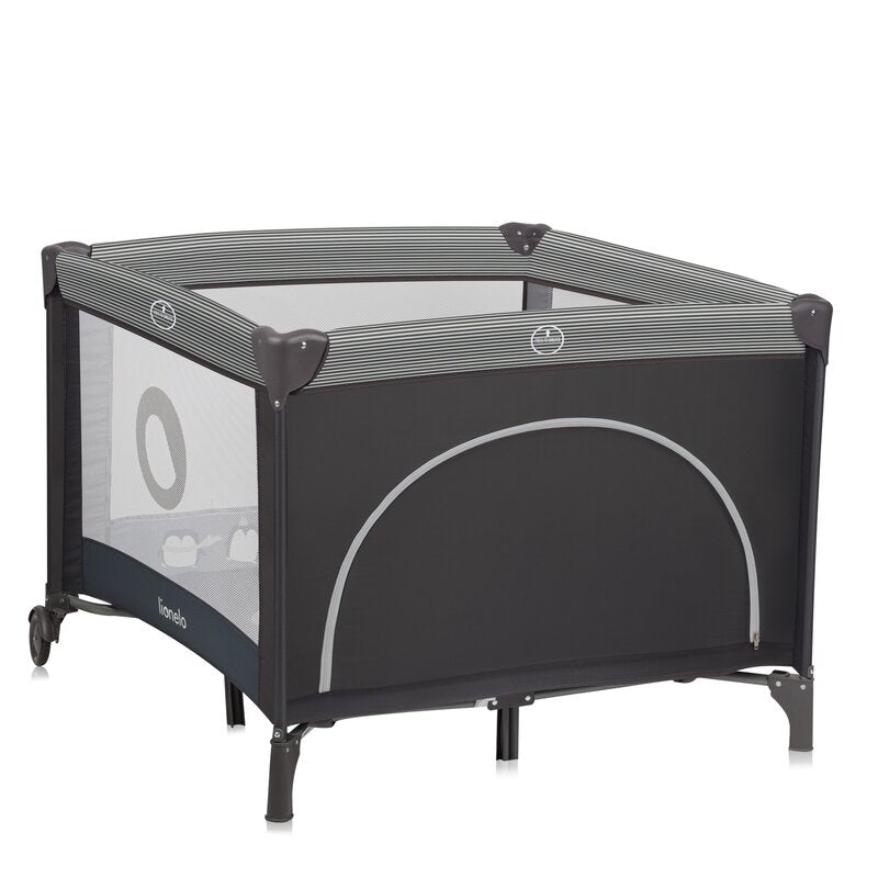 Tarc de joaca copii, Lionelo, Bonnie, Pana la 15 kg, 100 x 100 cm, Pliere compacta, Include geanta de transport, Din plasa, Cu intrare laterala cu fermoar, Cu roti, Cu salteluta din spuma, Conform cu EN12227, Gri inchis