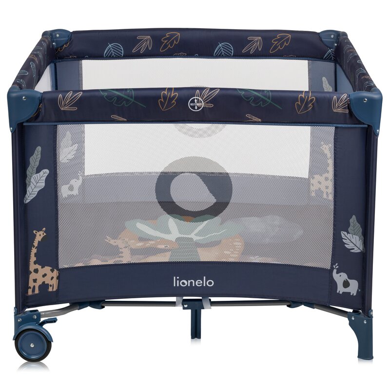 Tarc de joaca copii, Lionelo, Bonnie, Pana la 15 kg, 100 x 100 cm, Pliere compacta, Include geanta de transport, Din plasa, Cu intrare laterala cu fermoar, Cu roti, Cu salteluta din spuma, Conform cu EN12227, Albastru