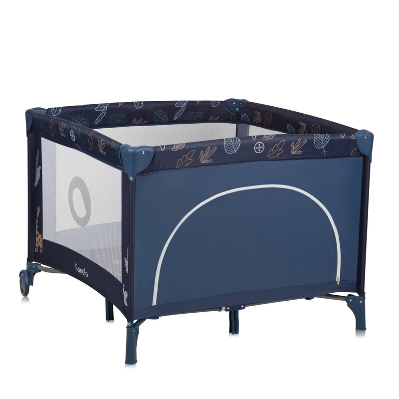 Tarc de joaca copii, Lionelo, Bonnie, Pana la 15 kg, 100 x 100 cm, Pliere compacta, Include geanta de transport, Din plasa, Cu intrare laterala cu fermoar, Cu roti, Cu salteluta din spuma, Conform cu EN12227, Albastru
