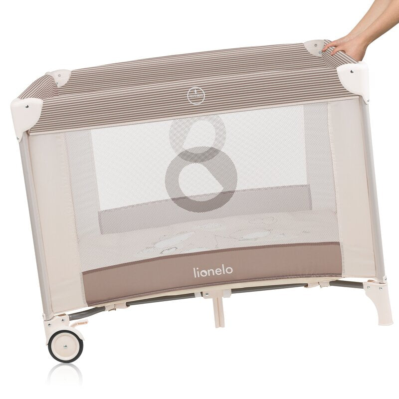 Tarc de joaca copii, Lionelo, Bonnie, Pana la 15 kg, 100 x 100 cm, Pliere compacta, Include geanta de transport, Din plasa, Cu intrare laterala cu fermoar, Cu roti, Cu salteluta din spuma, Conform cu EN12227, Bej