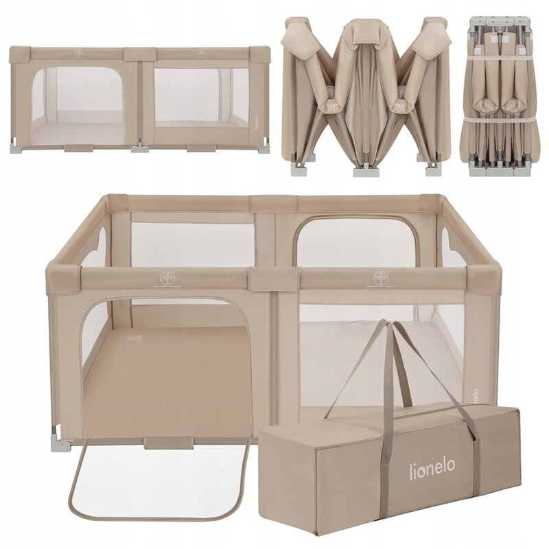 Tarc de joaca copii, Lionelo, Florence Easy Fold, 150 x 180 x 75 cm, Pliere, depliere automata, Include geanta de transport, Din plasa, Cu doua intrari laterale, 0-48 luni, Conform cu EN12227, Bej