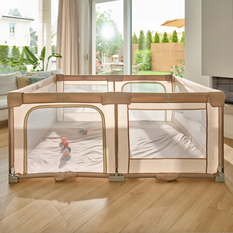 Tarc de joaca copii, Lionelo, Florence Easy Fold, 150 x 180 x 75 cm, Pliere, depliere automata, Include geanta de transport, Din plasa, Cu doua intrari laterale, 0-48 luni, Conform cu EN12227, Bej