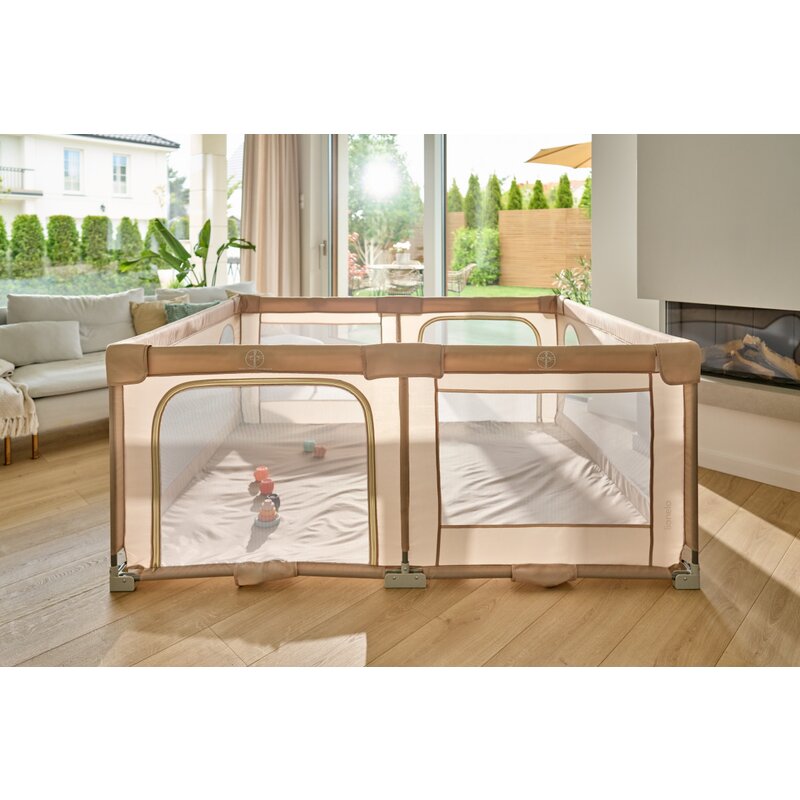 Tarc de joaca copii, Lionelo, Florence Easy Fold, 150 x 180 x 75 cm, Pliere, depliere automata, Include geanta de transport, Din plasa, Cu doua intrari laterale, 0-48 luni, Conform cu EN12227, Bej