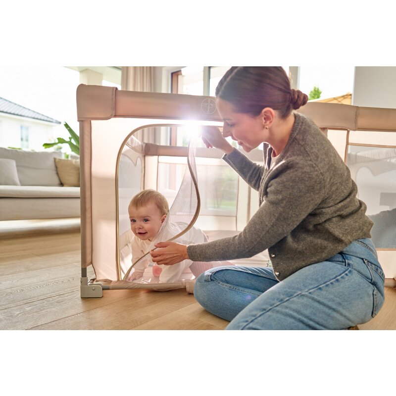 Tarc de joaca copii, Lionelo, Florence Easy Fold, 150 x 180 x 75 cm, Pliere, depliere automata, Include geanta de transport, Din plasa, Cu doua intrari laterale, 0-48 luni, Conform cu EN12227, Gri