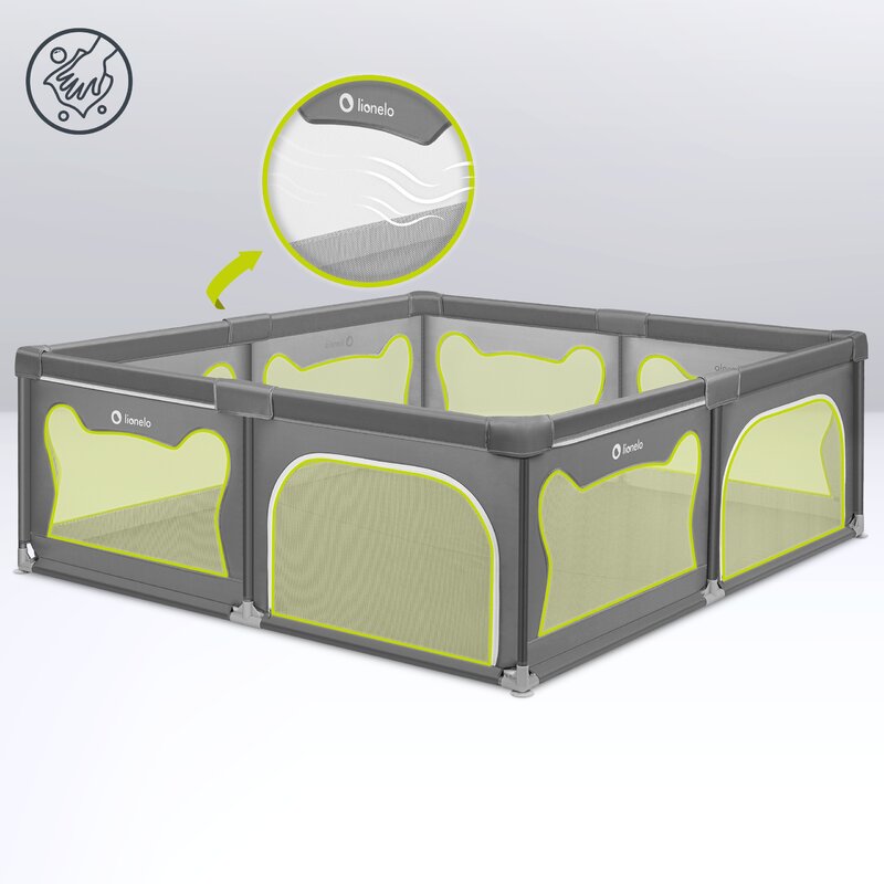 Tarc de joaca copii, Lionelo, Willow XL,180 x 200 cm, Pliere compacta, Include geanta de transport, Din plasa, Cu doua intrari laterale si fermoar, Cu ventuze pentru stabilitate, Conform cu EN 12227:2010, Gri