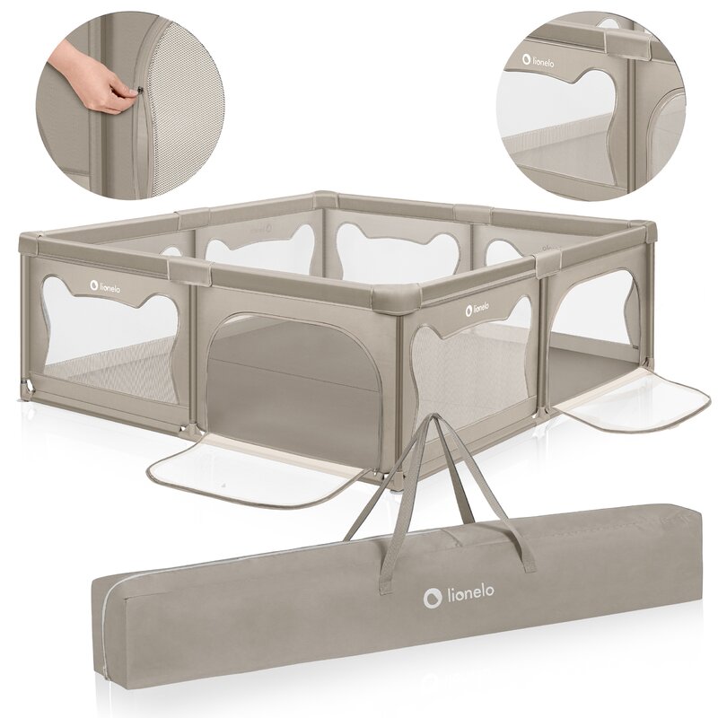 Tarc de joaca copii, Lionelo, Willow XL,180 x 200 cm, Pliere compacta, Include geanta de transport, Din plasa, Cu doua intrari laterale si fermoar, Cu ventuze pentru stabilitate, Conform cu EN 12227:2010, Bej