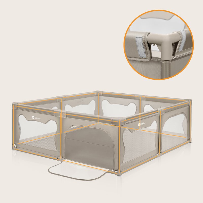 Tarc de joaca copii, Lionelo, Willow XL,180 x 200 cm, Pliere compacta, Include geanta de transport, Din plasa, Cu doua intrari laterale si fermoar, Cu ventuze pentru stabilitate, Conform cu EN 12227:2010, Bej